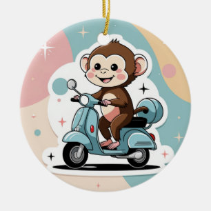 Monkey driving a scooter ceramic ornament