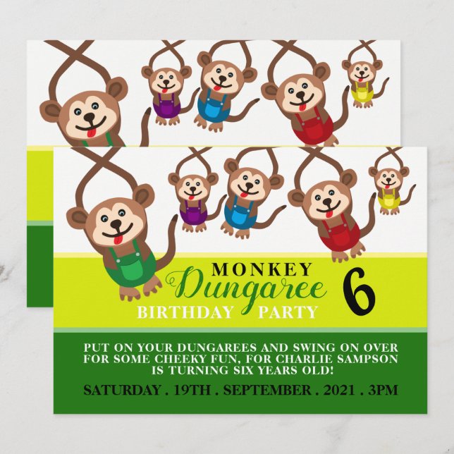 Monkey Dungaree, Kid's Birthday Party Invitation (Front/Back)