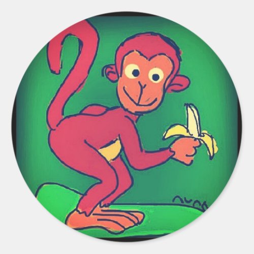 Monkey Eating Banana Classic Round Sticker