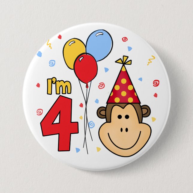 Monkey Face  4th Birthday Pinback Button (Front)