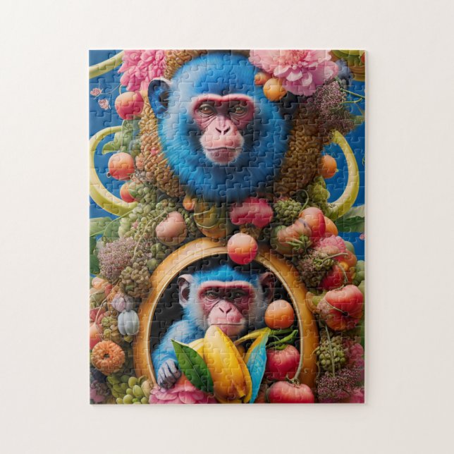 Monkey Family in Blue Jigsaw Puzzle (Vertical)