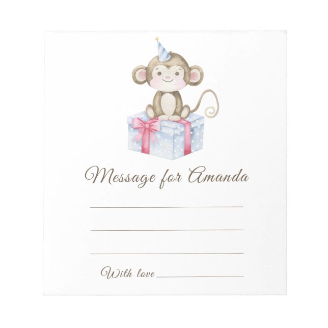 Monkey first birthday time capsule message notepad (Front)