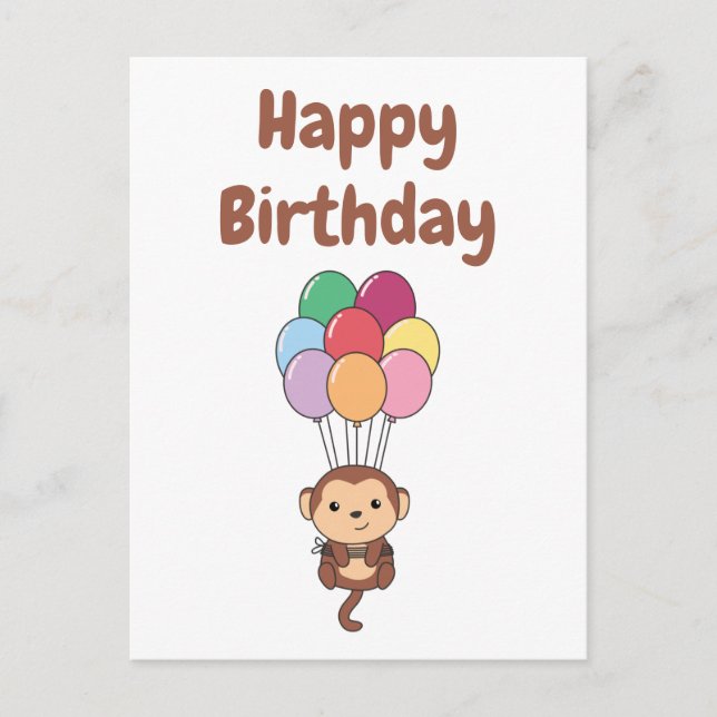 Monkey Flies Up With Colorful Balloons Card (Front)
