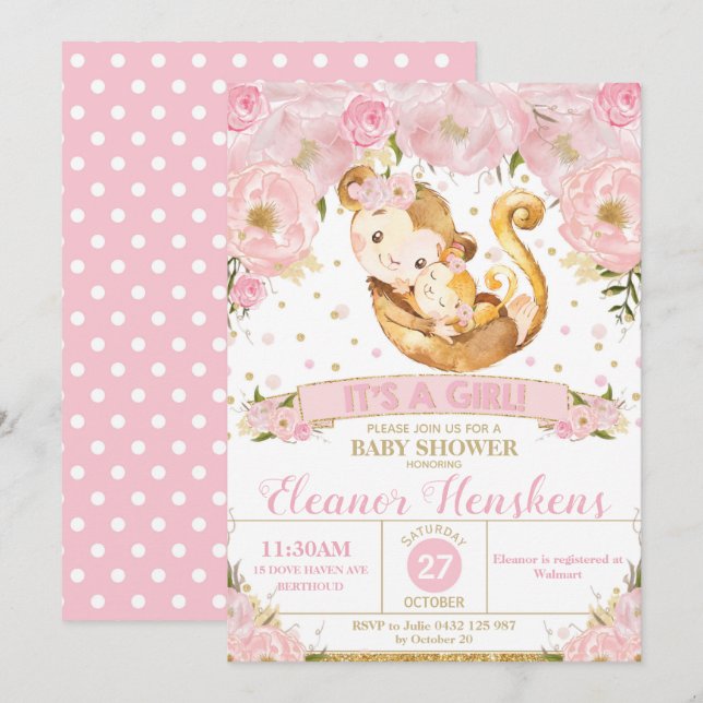Monkey Floral Baby Shower Invitation Girl (Front/Back)