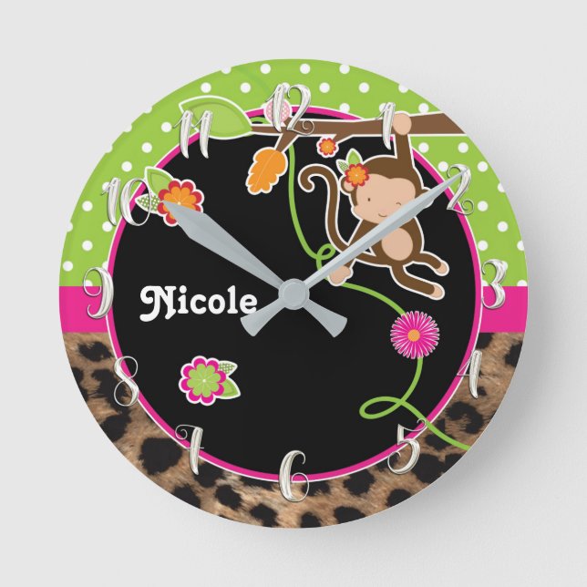 Monkey & Flowers Pink Green Safari Chic Customized Round Clock (Front)