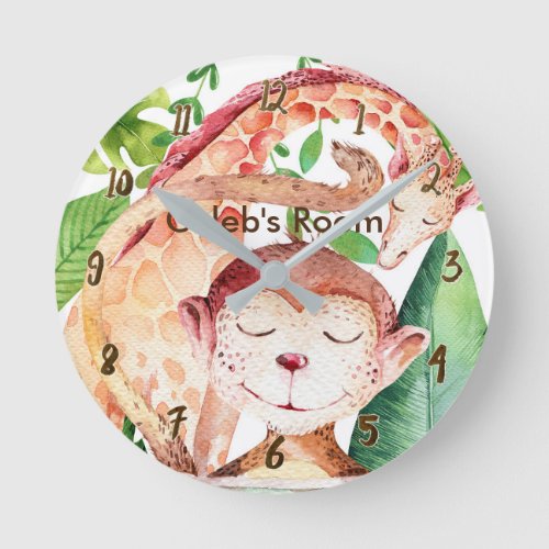 Monkey  Giraffe Watercolor Animals Personalized Round Clock