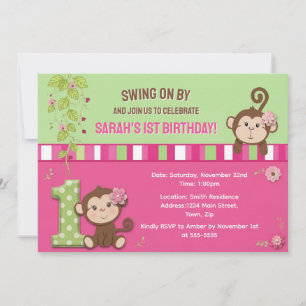 Monkey Girl 1st Birthday Invitation 5x7 Card