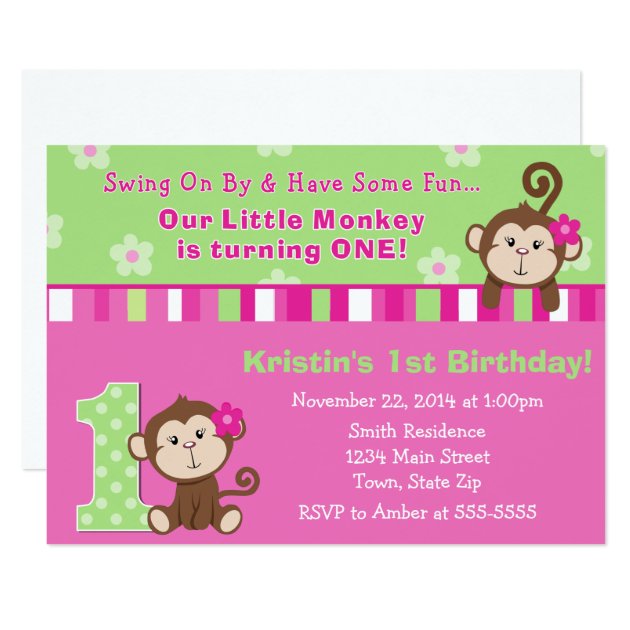 Monkey Girl 1st Birthday Invitation 5x7 Card