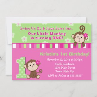Monkey Girl 1st Birthday Invitation 5x7 Card