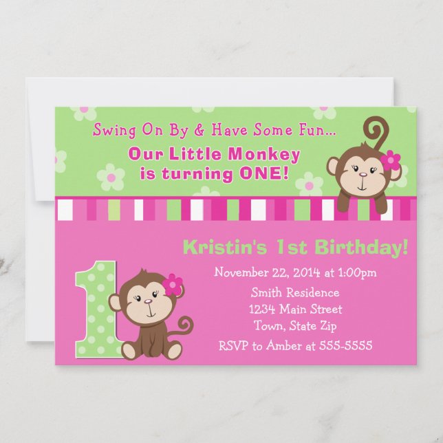 Monkey Girl 1st Birthday Invitation 5x7 Card (Front)
