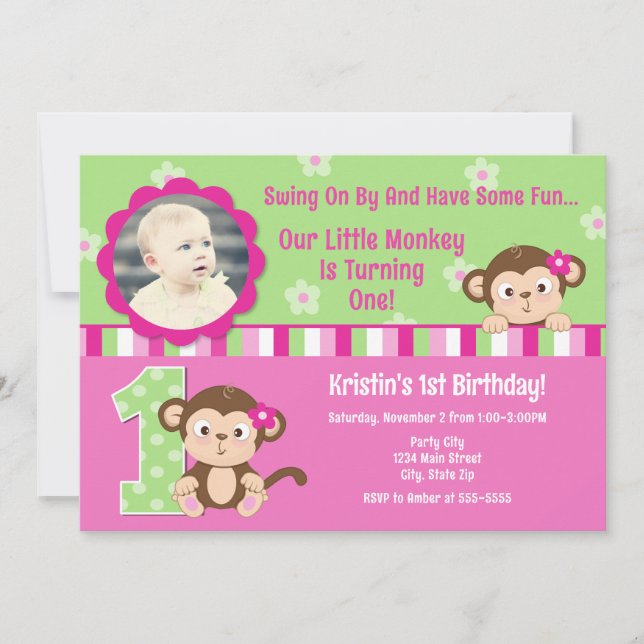 Monkey Girl 1st Birthday Invitation 5x7 Card (Front)