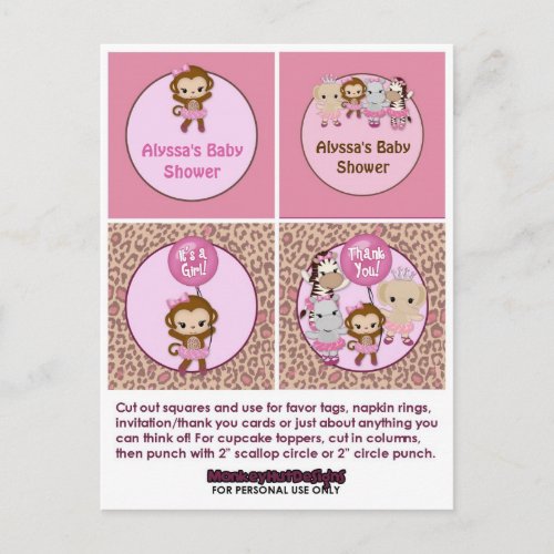 MONKEY Girl Baby Shower Cupcake Topper Tu Tu Cute Invitation Postcard