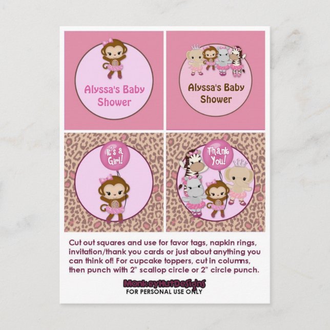 MONKEY Girl Baby Shower Cupcake Topper Tu Tu Cute Invitation Postcard (Front)