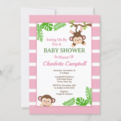 Monkey Girl Baby Shower Invitation Pink Monkey In Invitation