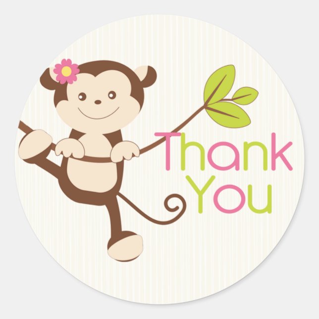 Monkey Girl Baby Shower Thank You Classic Round Sticker (Front)