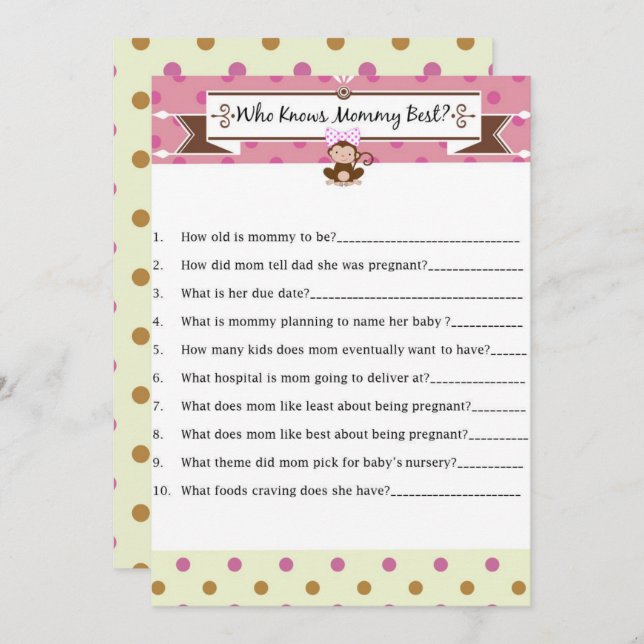 Monkey Girl Baby Shower Who Knows Mommy Best Game Invitation (Front/Back)