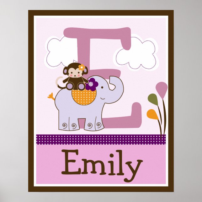 Monkey Girl & Elephant Letter & Name Wall Poster (Front)