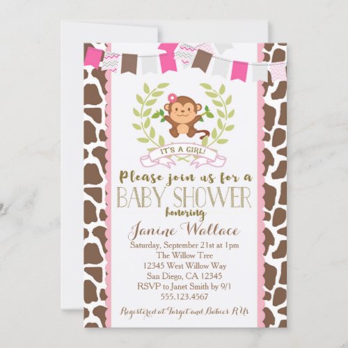 Monkey Girl Pink Baby Shower Invitation