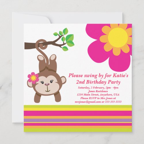 Monkey Girl (Pink) Birthday Party Invitation