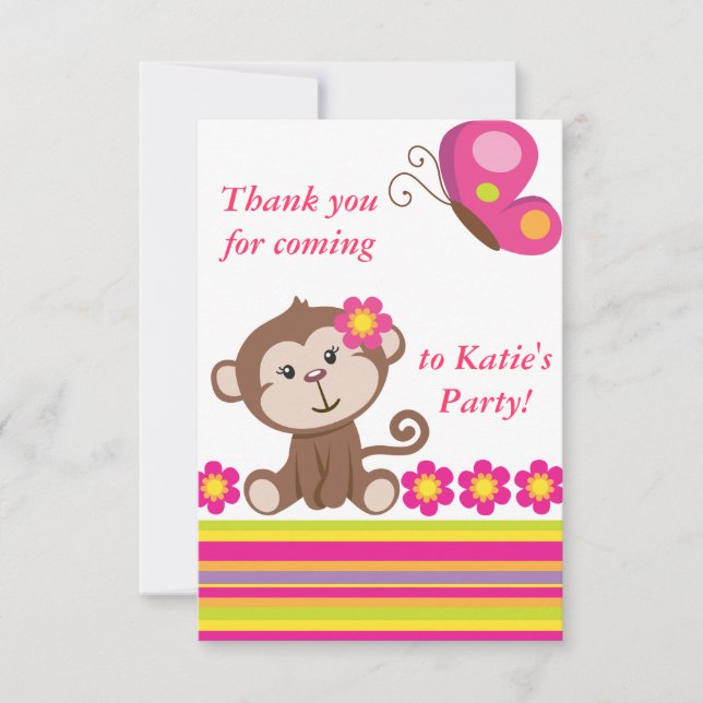 Monkey Girl (Pink) Thank You Note Card (Front)
