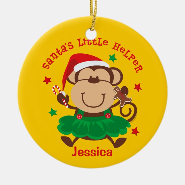 Monkey Girl Santa's Helper Personalized Ornament (Front)