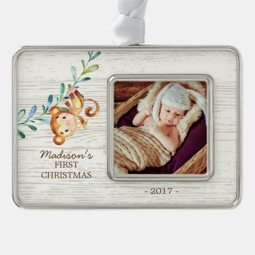 Monkey Girls Babys First Christmas Photo Ornament