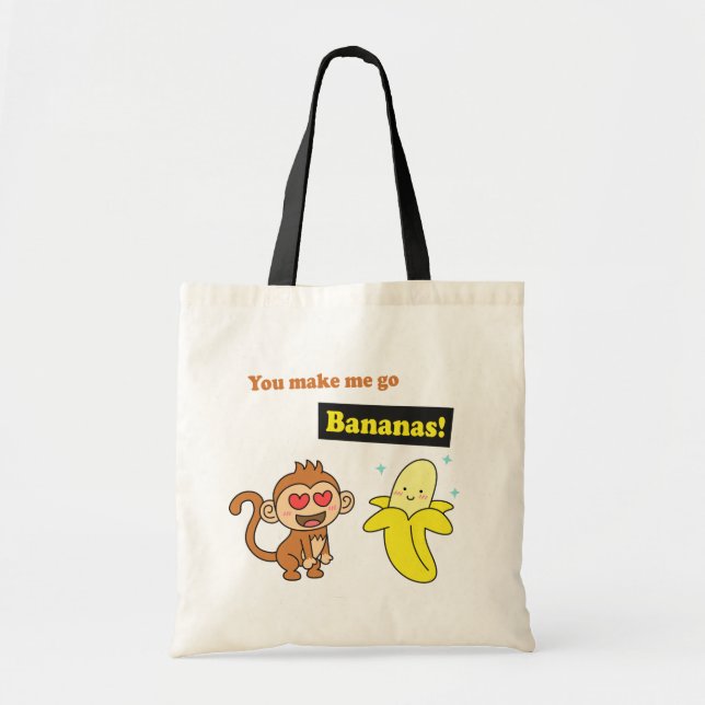 Monkey go Bananas, Cute Love Humor Tote Bag (Front)