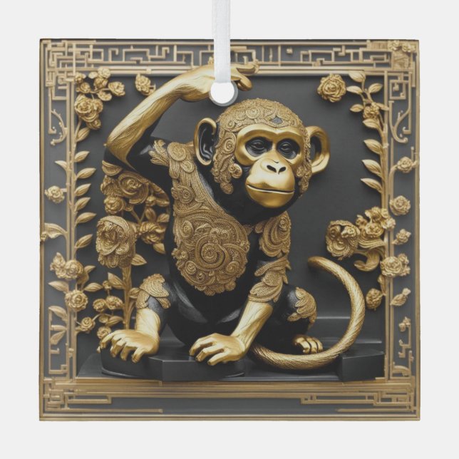 Monkey gold and black ornamental frame glass ornament (Front)
