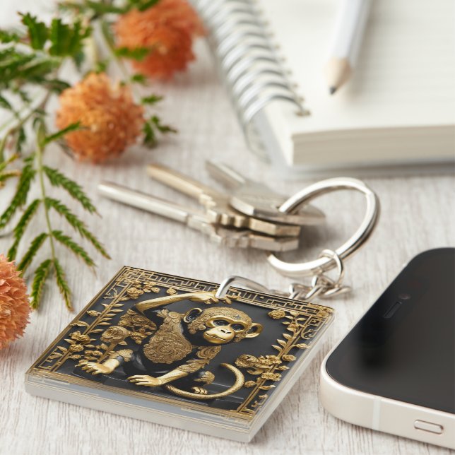Monkey gold and black ornamental frame keychain (Front Right)