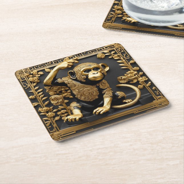 Monkey gold and black ornamental frame square paper coaster (Angled)