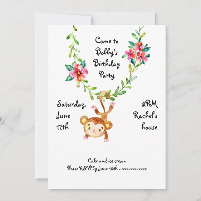 Monkey Hanging on Vine Birthday Invitation (Front)