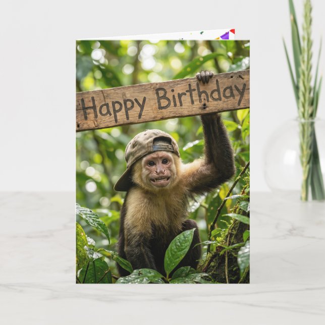 Monkey Holding a Happy Birthday Sign Card (Front)