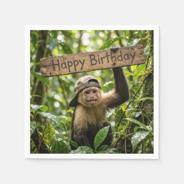 Monkey Holding a Happy Birthday Sign Napkins (Front)