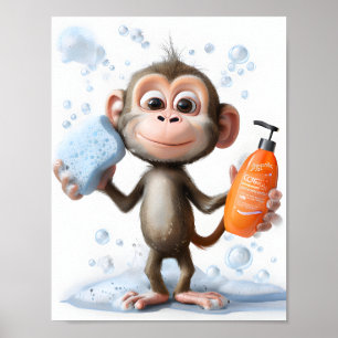 Monkey Illustration, Funny Bathroom Art, Playful Poster