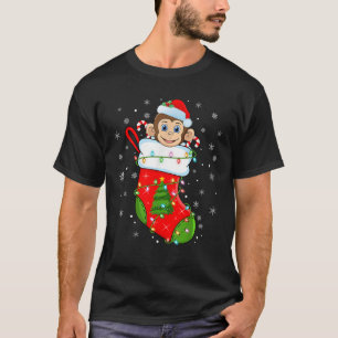 Monkey In Christmas Socks Santa Claus Lights Xmas T-Shirt