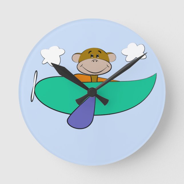 Monkey in Colorful Airplane Round Clock (Front)