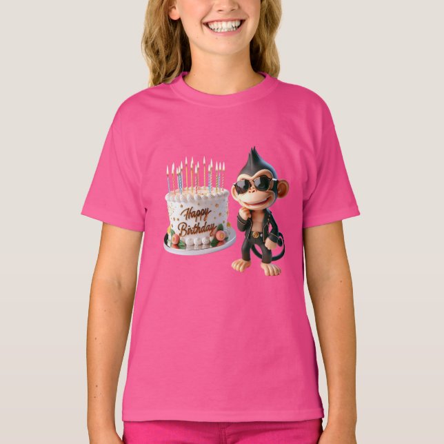  Monkey in Dark Glasses with a Big Cake, Happy Bir T-Shirt (Front)