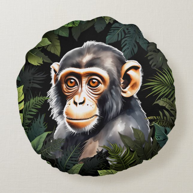 Monkey in Jungle Round Pillow (Back)