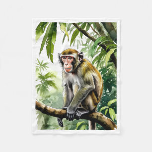 Monkey in Jungle Tree Branch Watercolor Fleece Bla Blanket