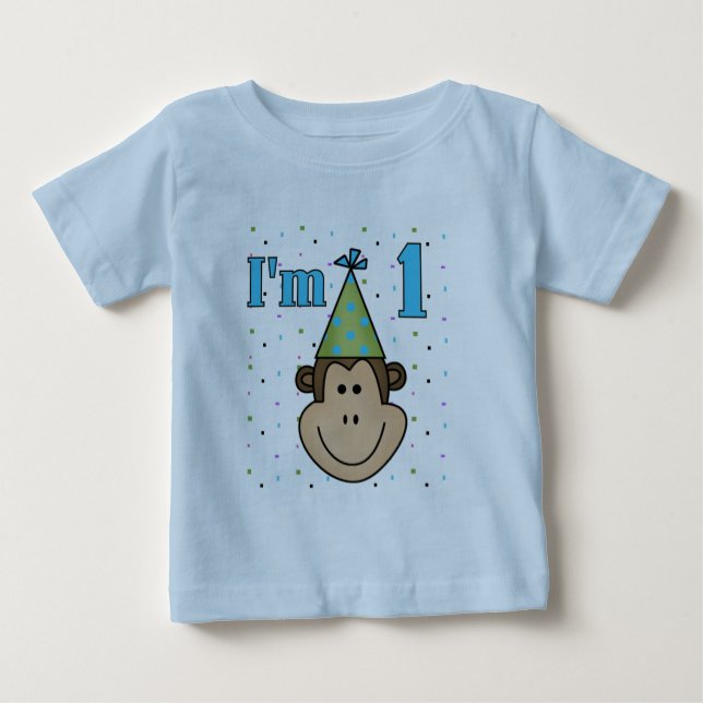 Monkey in Party Hat 1st Birthday Tshirts (Front)