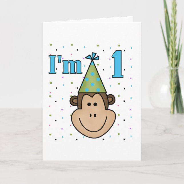 Monkey in Party Hat 1st Birthday Tshirts Card (Front)