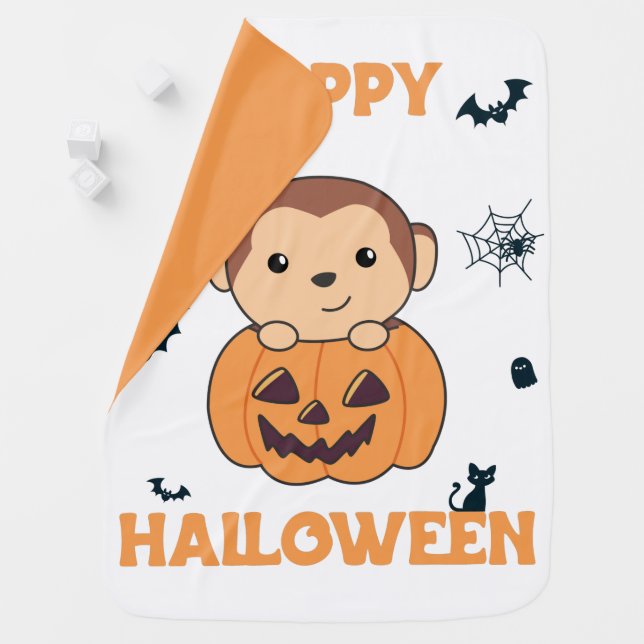 Monkey In Pumpkin Cute Monkeys Happy Halloween Bab Baby Blanket (In Situ)