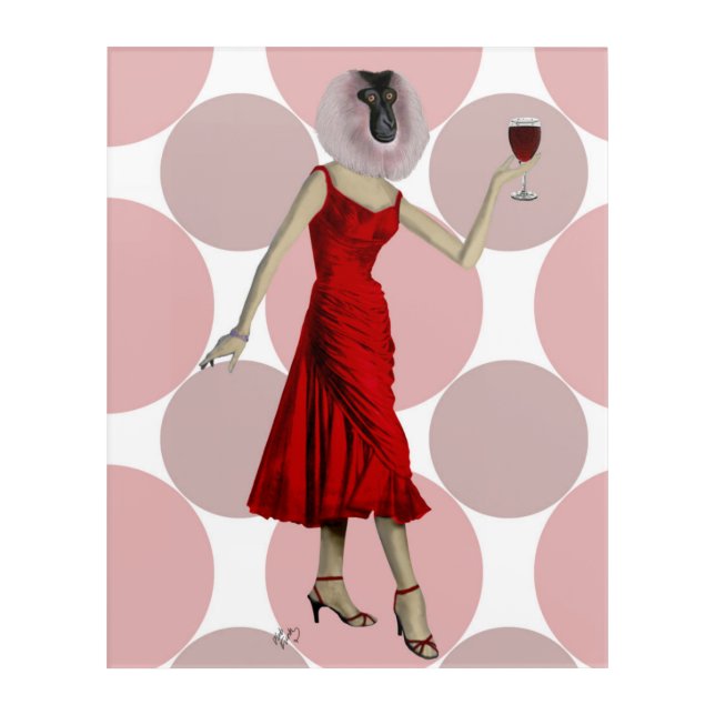 Monkey in Red Dress with wine Acrylic Print (Front)