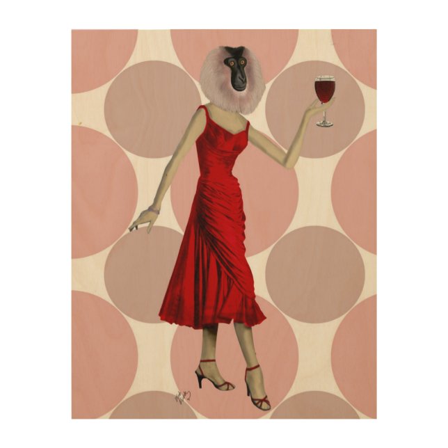 Monkey in Red Dress with wine Wood Wall Art (Front)