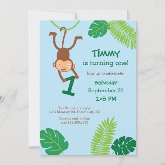 Monkey in the Jungle First Birthday Invitation