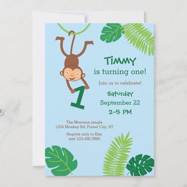 Monkey in the Jungle First Birthday Invitation (Front)