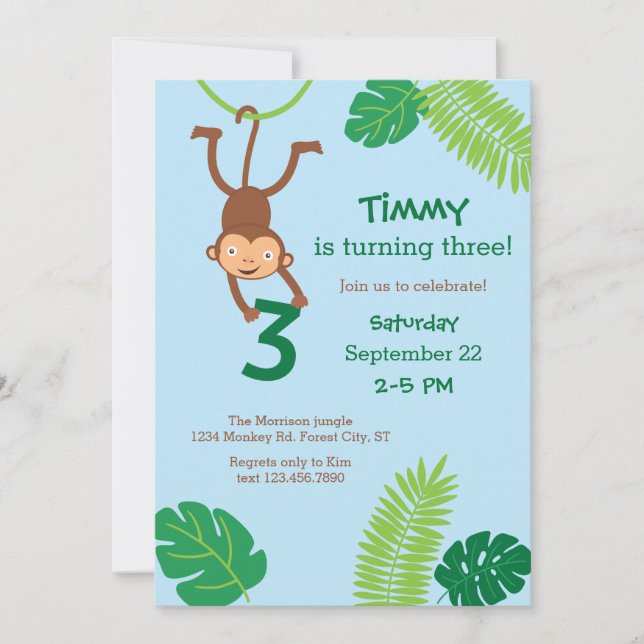 Monkey in the Jungle Third Birthday Invitation (Front)