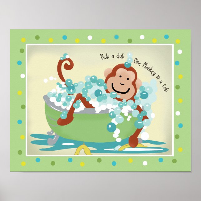 Monkey in Tub Bathroom Art Print - Light Brown Mon (Front)