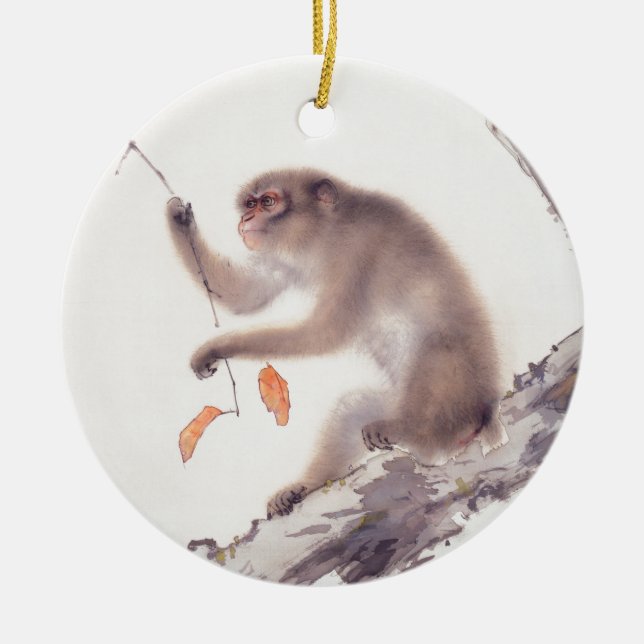 Monkey Japanese Painting Chinese Zodiac Round O Ceramic Ornament (Front)