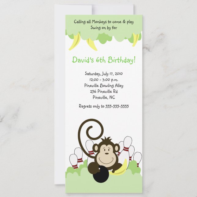 Monkey Jungle Safari Bowling Party 4x9 Invitation (Front)